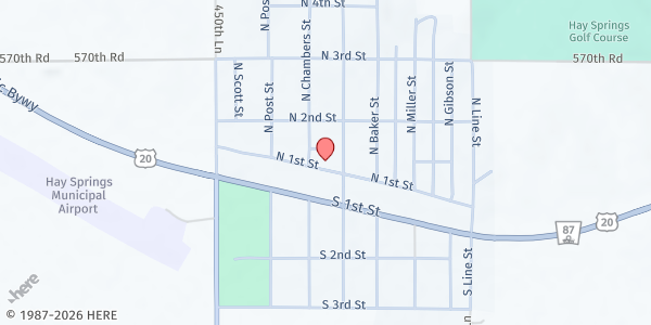 Map showing Sharing & Caring Neighbors at 112 N 1st St, Hay Springs, NE