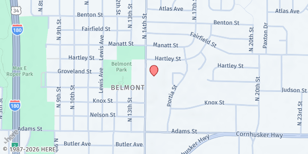 Map showing Belmont Baptist Church at 3424 North 14th Street, Lincoln, NE