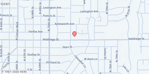 Map showing First Mennonite Church at 7300 Holdrege St, Lincoln, NE