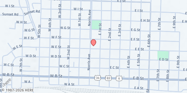 Map showing Memorial Methodist Church at 105 East E Street, McCook, NE