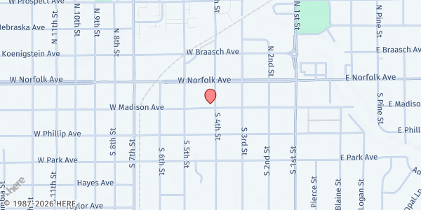Map showing Norfolk Ministerial Association - Food Distribution Center at 132 S 4th St, Norfolk, NE