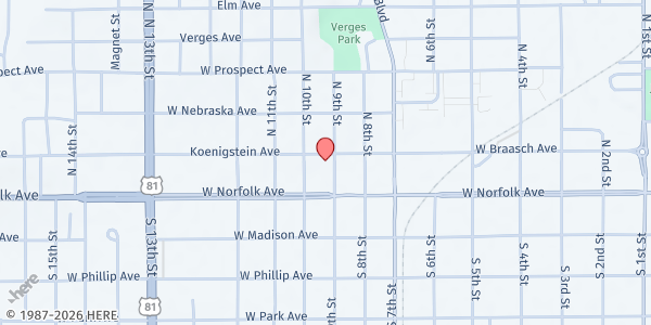 Map showing Norfolk Rescue Mission at 111 N 9th St, Norfolk, NE