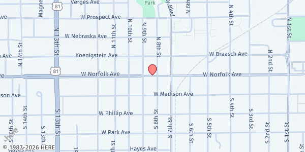 Map showing Norfolk Rescue Mission - Food Distribution Center at 810 E Norfolk Ave, Norfolk, NE