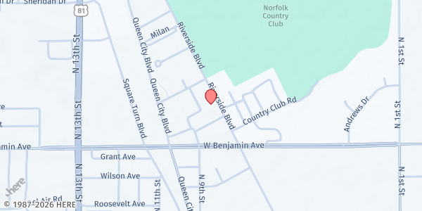 Map showing Northeast Nebraska Community Action Partnership (CAP) - Norfolk at 1405 Riverside Blvd, Norfolk, NE