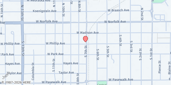 Map showing Orphan Grain Train Warehouse at 606 Phillip Ave, Norfolk, NE