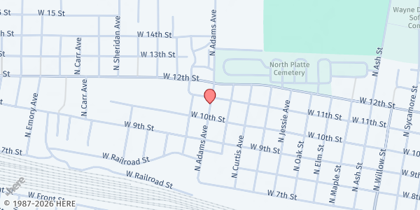 Map showing Salvation Army (SA) North Platte at 1020 N Adams Ave, North Platte, NE