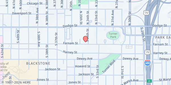 Map showing First Presbyterian Church Pantry at 216 S 34th St, Omaha, NE
