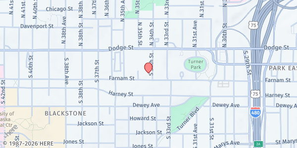 Map showing First Presbyterian Pantry - Food Distribution Center at 216 S 34th St, Omaha, NE