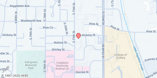 Map showing Food Distribution Center - Good News Church Outreach at 7415 Hickory St, Omaha, NE