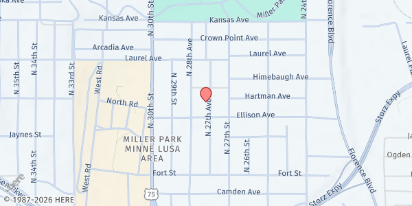 Map showing Miller Park Elementary School at 5625 N 28th Ave, Omaha, NE