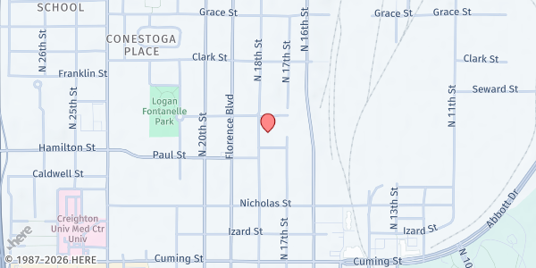 Map showing New Visions Omaha at 1425 N 18th St, Omaha, NE