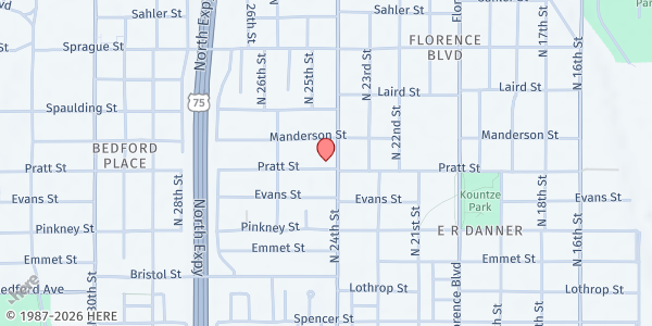 Map showing Salvation Army (SA) North Kare Kitchen at 2424 Pratt St, Omaha, NE