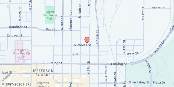 Map showing Siena Francis House at 1702 Nicholas St, Omaha, NE