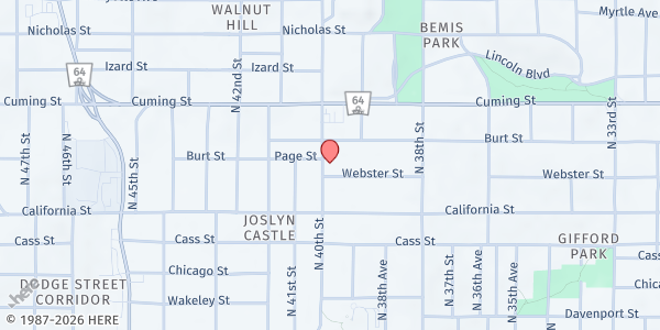 Map showing St. Cecilias Pantry St. Vincent De Paul (SVDP) at 701 N 40th St, Omaha, NE
