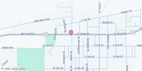 Map showing Rushville Extra Helpings Food Pantry at 207 S Main St, Rushville, NE