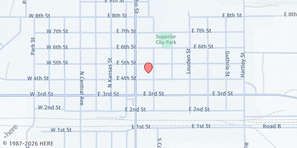 Map showing Superior Church of Christ at 564 E 4th St, Superior, NE