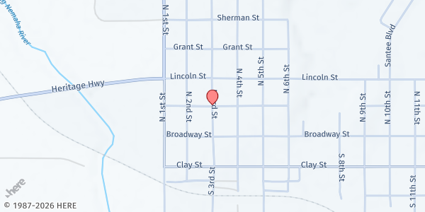 Map showing Food Bank Lincoln at First Baptist Church at 300 Jackson Street, Tecumseh, NE