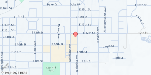 Map showing Food Bank at East Hill Church of Christ at 1122 North Delaware Avenue, York, NE