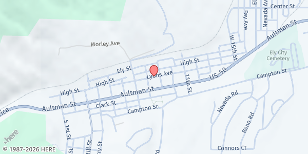 Map showing White Pine Ministerial Association at 685 1/2 Lyons Ave, Ely, NV