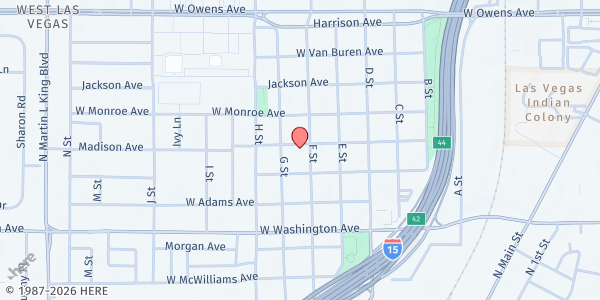 Map showing Life Change Outreach Center at Pentecostal Temple at 1117 F St., Las Vegas, NV