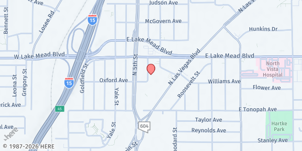 Map showing Vegas View Community Food Bank at 1906 Glider St., North Las Vegas, NV