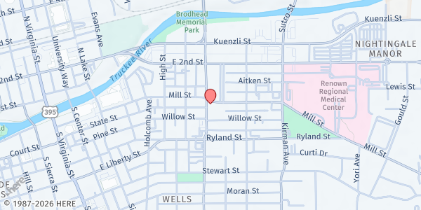 Map showing Bristlecone Family Resources at 704 Mill St, Reno, NV