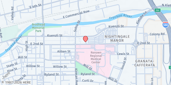 Map showing Renown Health, Rx food pantry and clinic at 1095 E 2nd St, Reno, NV