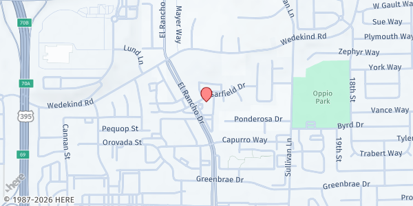 Map showing Crosswinds Assembly of God - Mobile Harvest at 2100 El Rancho Dr., Sparks, NV