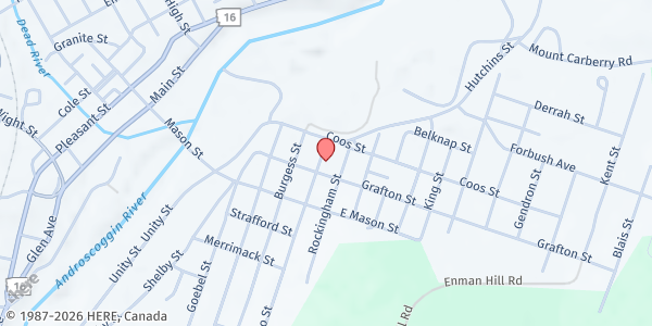 Map showing Mother Marie Rivier Food Pantry & Guardian Angel Thrift Shop at 153 Grafton St., Berlin, NH