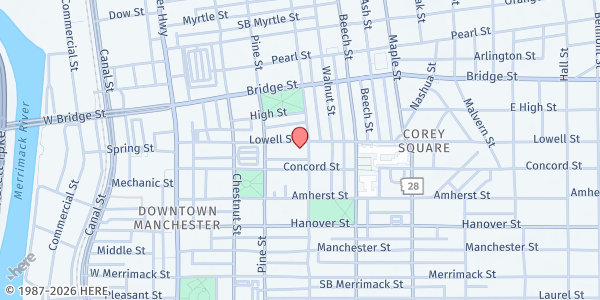 Map showing St Joseph Cathedral Community Outreach Food Pantry at 145 Lowell St., Manchester, NH