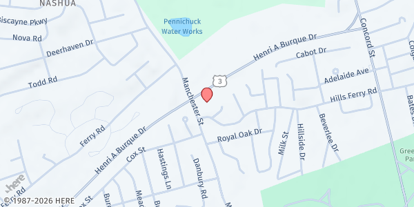 Map showing Christian Bible Church Food Pantry at 205 Manchester St., Nashua, NH