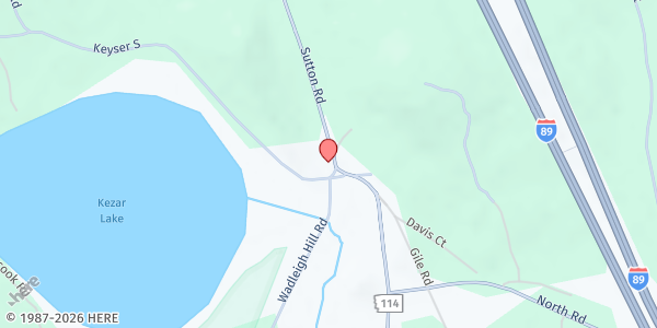 Map showing First Free Will Baptist Church at 1533 NH-114, North Sutton, NH