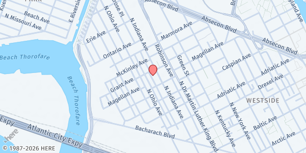 Map showing Mighty Writers Atlantic City - Distribution Site at 700 Indiana Avenue, Atlantic City, NJ