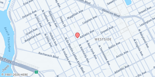 Map showing Mighty Writers Distribution - Stanley Holmes Village Community Room at 1539 Adriatic Avenue, Atlantic City, NJ