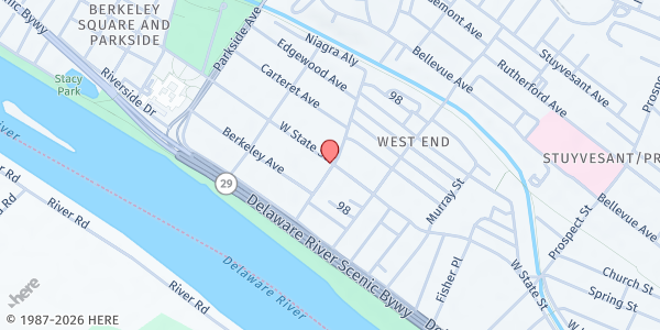 Map showing Trinity Episcopal Cathedral Church Food Pantry at 801 West State Street, Berkeley Square and Parkside, NJ