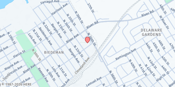 Map showing Hope Memorial Baptist Church at 915 North 36th Street, Biedman, NJ