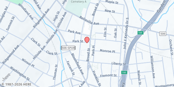 Map showing Park United Methodist Church at 12 Park Street, Bloomfield, NJ
