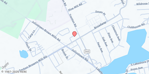 Map showing Browns Mill United Methodist Church Food Pantry at 2 Pemberton Browns Mills Road, Browns Mills, NJ