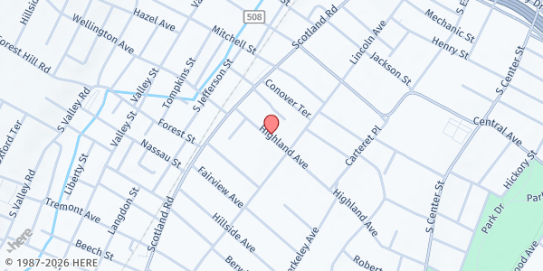 Map showing Love of Jesus Ministries at 448 Highland Avenue, City of Orange, NJ