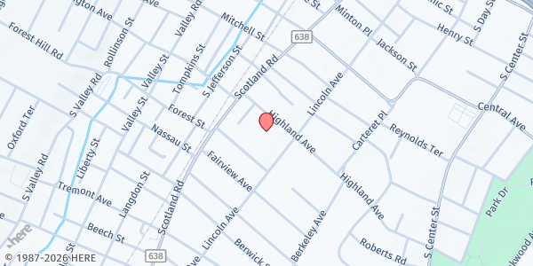 Map showing The Love of Jesus Family Church at 448 Highland Avenue, City of Orange, NJ