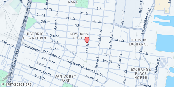 Map showing Grace Community Services Food Pantry - Downtown Jersey City at 39 Erie Street, Downtown Jersey City, NJ