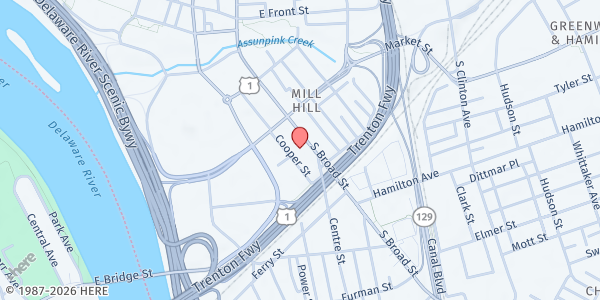 Map showing Sacred Heart Church at 343 South Broad Street, Downtown, NJ