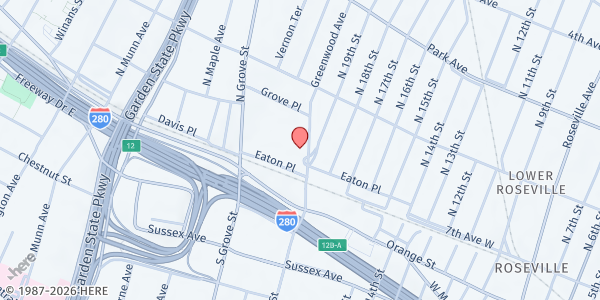 Map showing Interfaith Food Pantry of The Oranges (E Orange) at 1 Fellowship Cir, East Orange, NJ