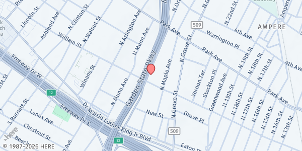 Map showing NEW REID TEMPLE CHURCH OF GOD IN CHRIST at 154 North Oraton Parkway, East Orange, NJ