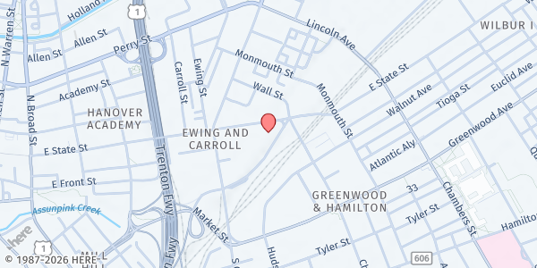 Map showing The Salvation Army of Trenton, Citadel Corps Community Center at 575 East State Street, Ewing and Carroll, NJ