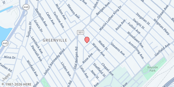 Map showing Heavenly Temple Comm. at 15 Martin Luther King Drive, Greenville, NJ