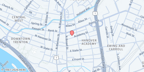 Map showing Trenton Public Library at 120 Academy Street, Hanover Academy, NJ
