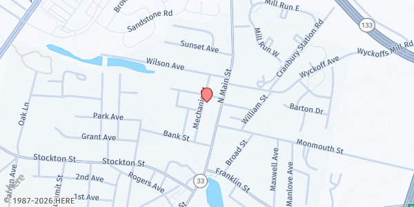 Map showing First Presbyterian Church of Hightstown at 320 North Main Street, Hightstown, NJ