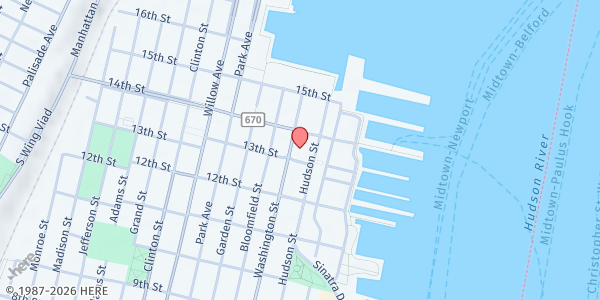 Map showing Hoboken Community Center Pantry- Grocery Distribution at 1301 Washington St, Hoboken, NJ