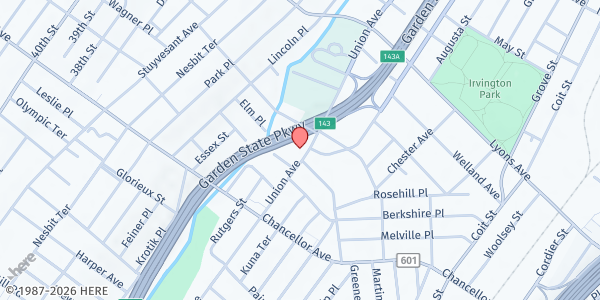 Map showing Chris Gatling Recreation Center at 285 Union Avenue, Irvington, NJ